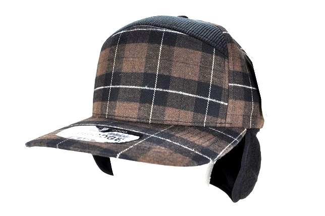 PLAID- 7PANEL PLAID SANDWICH VISOR (EARFLAP)- BROWN